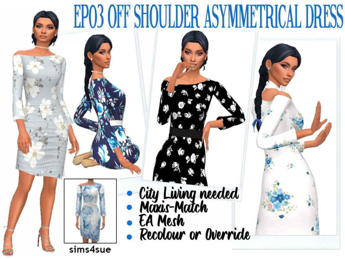 EP03 OFF SHOULDER ASYMMETRICAL DRESS by Sims4Sue