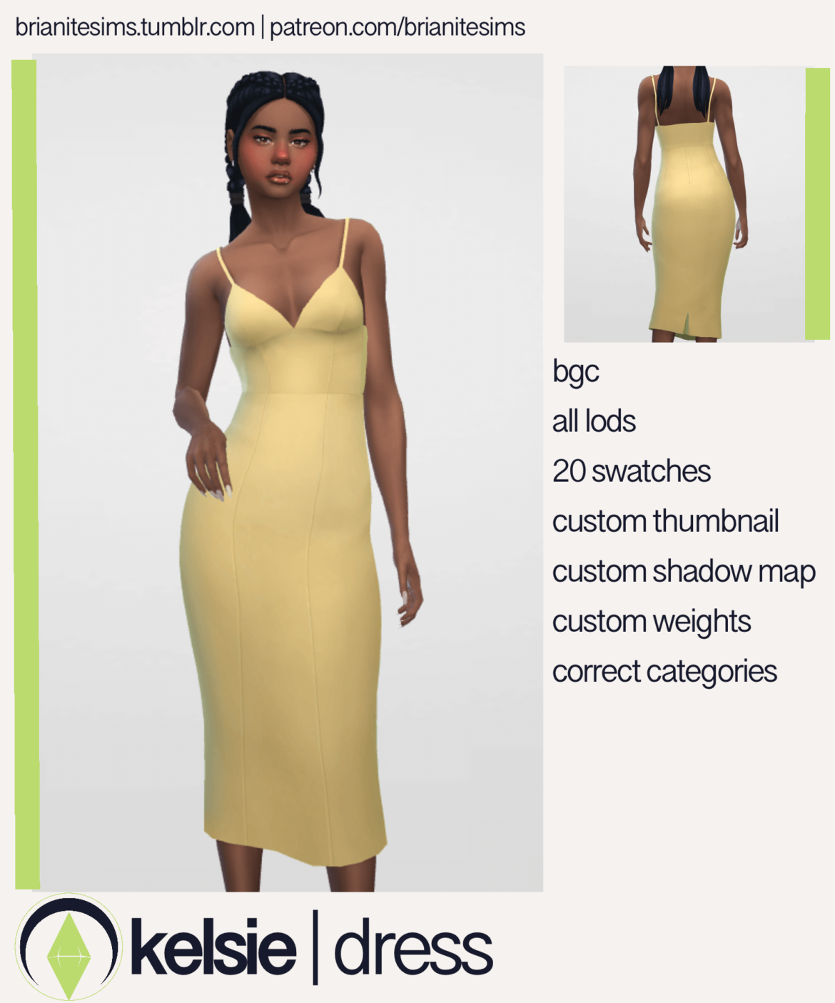Sims 4 kelsie dress bgc 20 swatches all lods custom