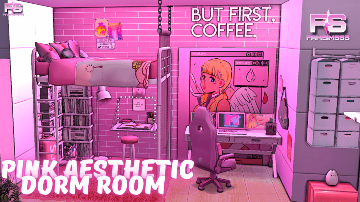 Sims 4 pink aesthetic dorm room cc download here