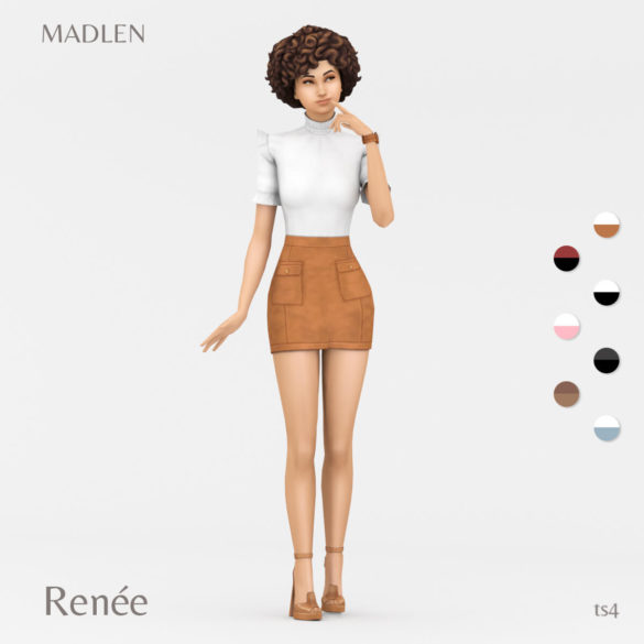 rene outfit ruffly short sleeve top suede skirt