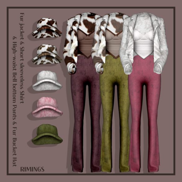 Fur jacket & Fur Hat & Bell bottom Pants