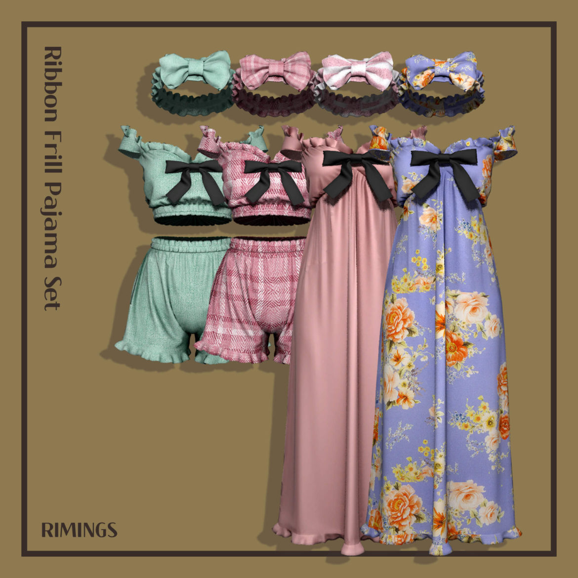 Sims 4 rimings ribbon frill pajama set full body 2