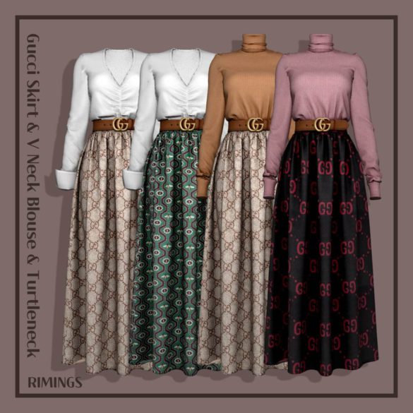 Skirt & V Neck Blouse & Turtleneck