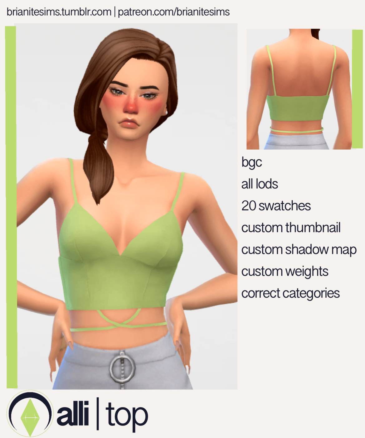 The Sims 4 alli top bgc 20 swatches all lods custom