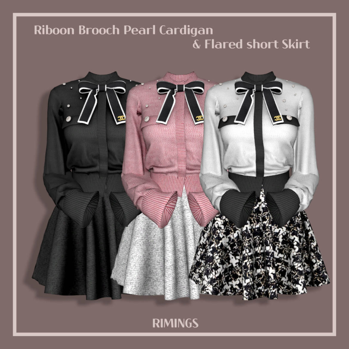 Riboon Brooch Pearl Cardigan Flared short Skirt