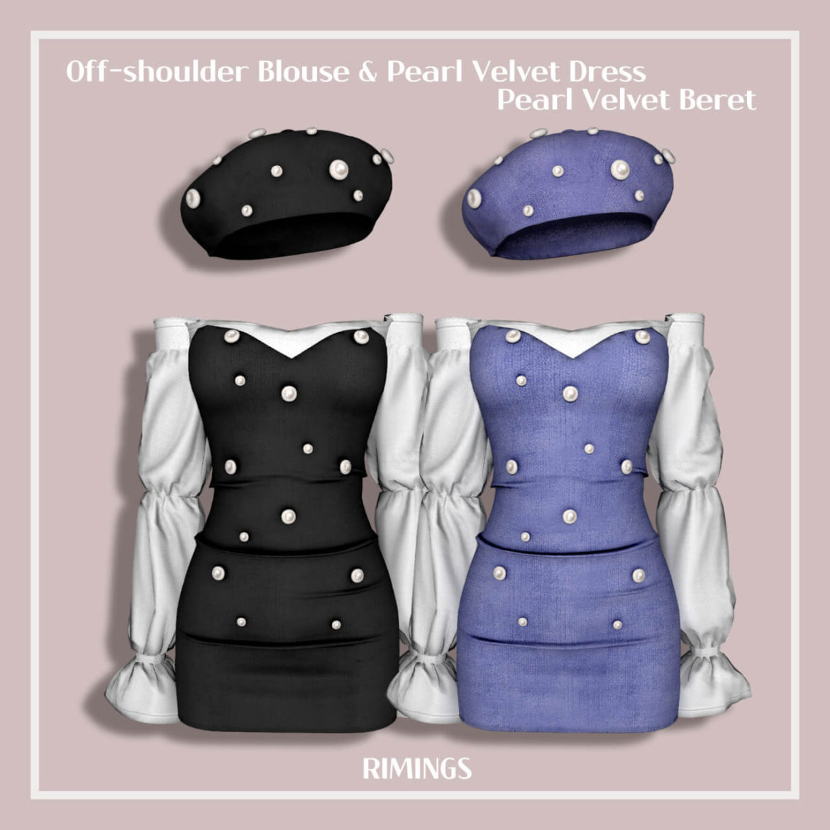 Off-shoulder Blouse Pearl Velvet Dress Beret