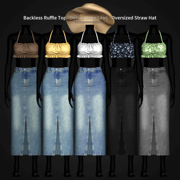 Backless Ruffle Top · Denim Long Skirt